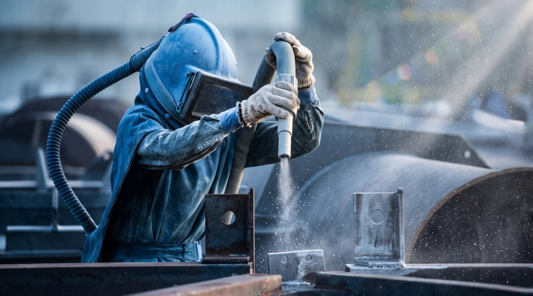 Opérateur en combinaison et cagoule ventilée sablant des pièces métalliques en atelier